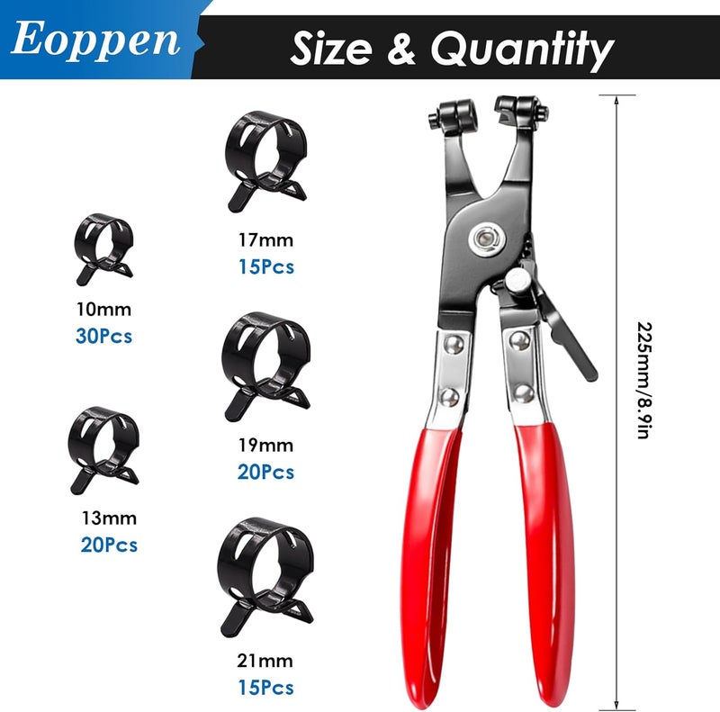 Eoppen 100Pcs 10-21mm Spring Hose Clamps Assortment Kit with Swivel Flat Band Fuel Hose Clamp Plier - 5 Sizes Fuel Line Silicone Vacuum Hose Low Pressure Air Clamps - Image 2